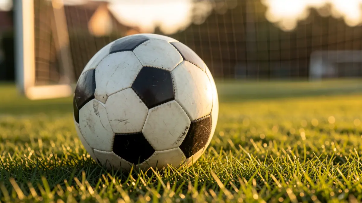 Imatge genèrica d'una pilota de futbol sobre gespa verda, amb la xarxa de la porteria desenfocada al fons.