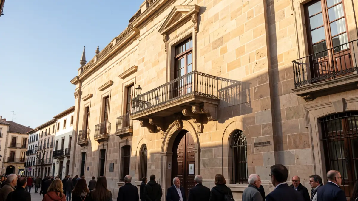 Façana d'un ajuntament de Catalunya amb balcó i barandat de ferro, llum càlida de tarda.