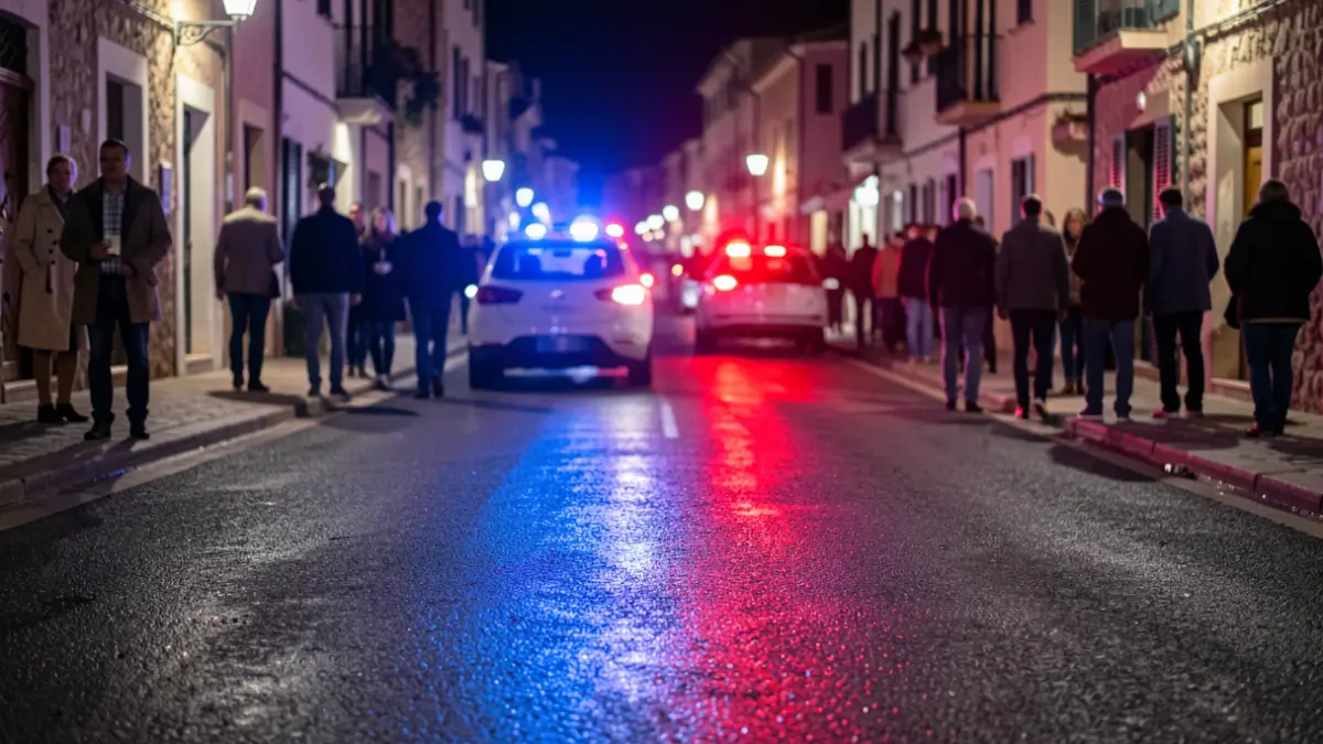 Generic image of blue and red emergency lights reflecting on wet asphalt at night.