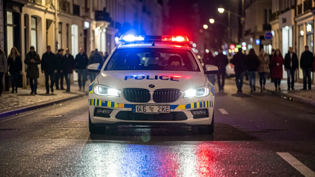 Generic image of police emergency lights reflecting on wet asphalt.