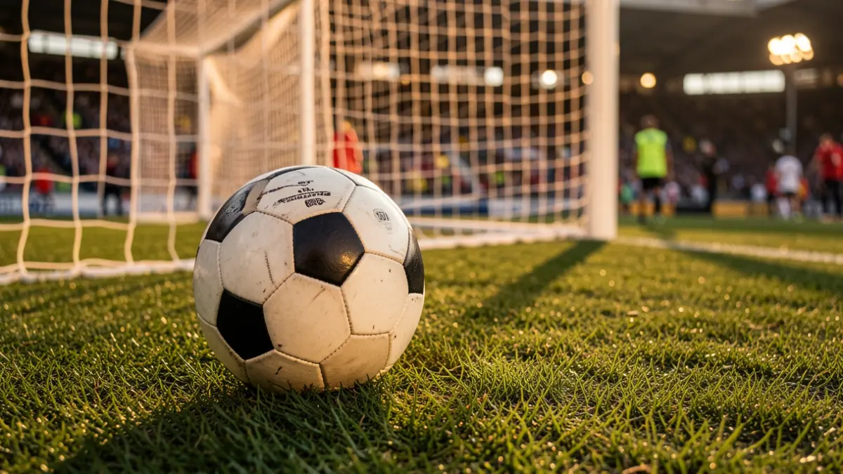 Generic image of a soccer ball on green grass with a blurred goal net.