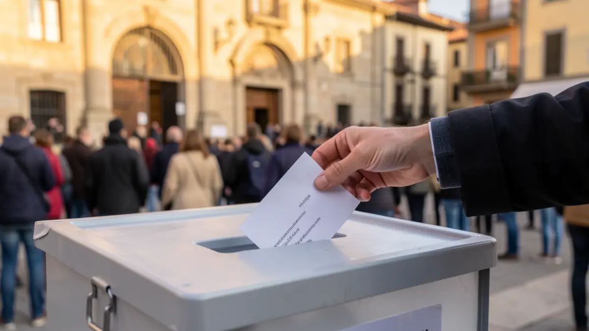Generic image of a ballot box with a hand dropping a vote, with a municipal building in the background.
