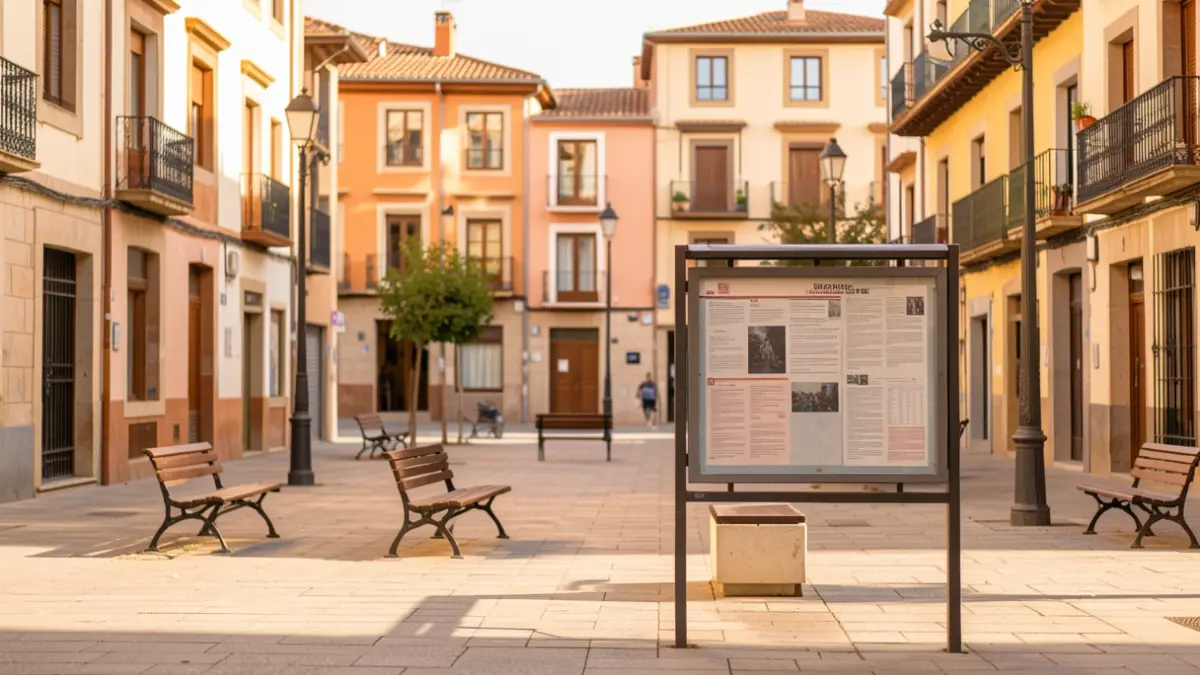 Imatge genèrica d'una plaça pública a Catalunya amb mobiliari urbà i llum càlida.