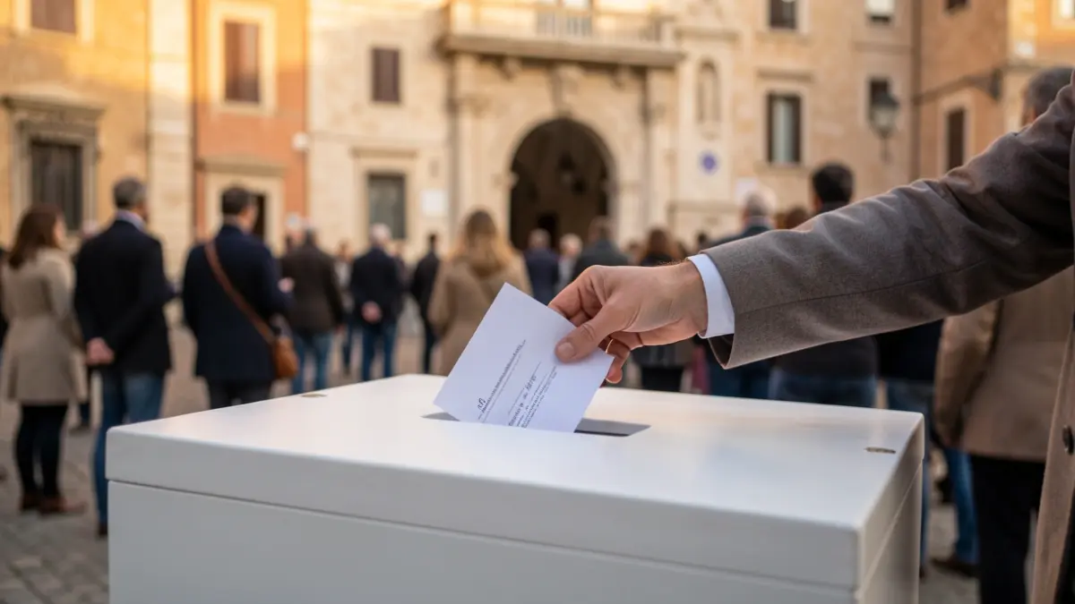 Imagen genérica de una urna electoral con una mano introduciendo un voto, frente a la fachada de un ayuntamiento mediterráneo.