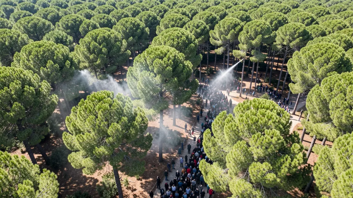 Imatge genèrica d'un bosc de pins vist des de l'aire, amb signes de tractament fitosanitari.