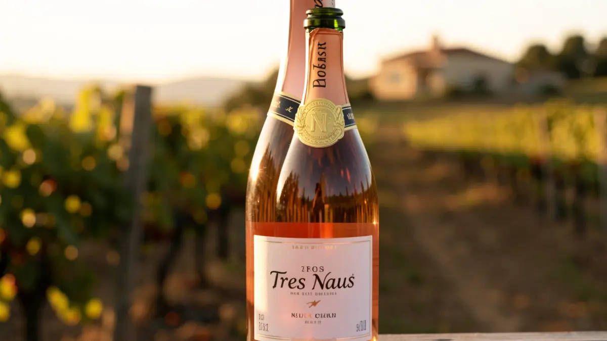 Ampolla de cava Tres Naus Rosat amb una medalla d'or.