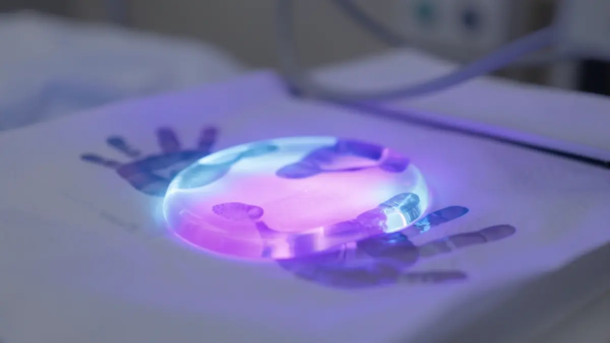Imatge genèrica de mans amb gel fluorescent sota llum ultraviolada.