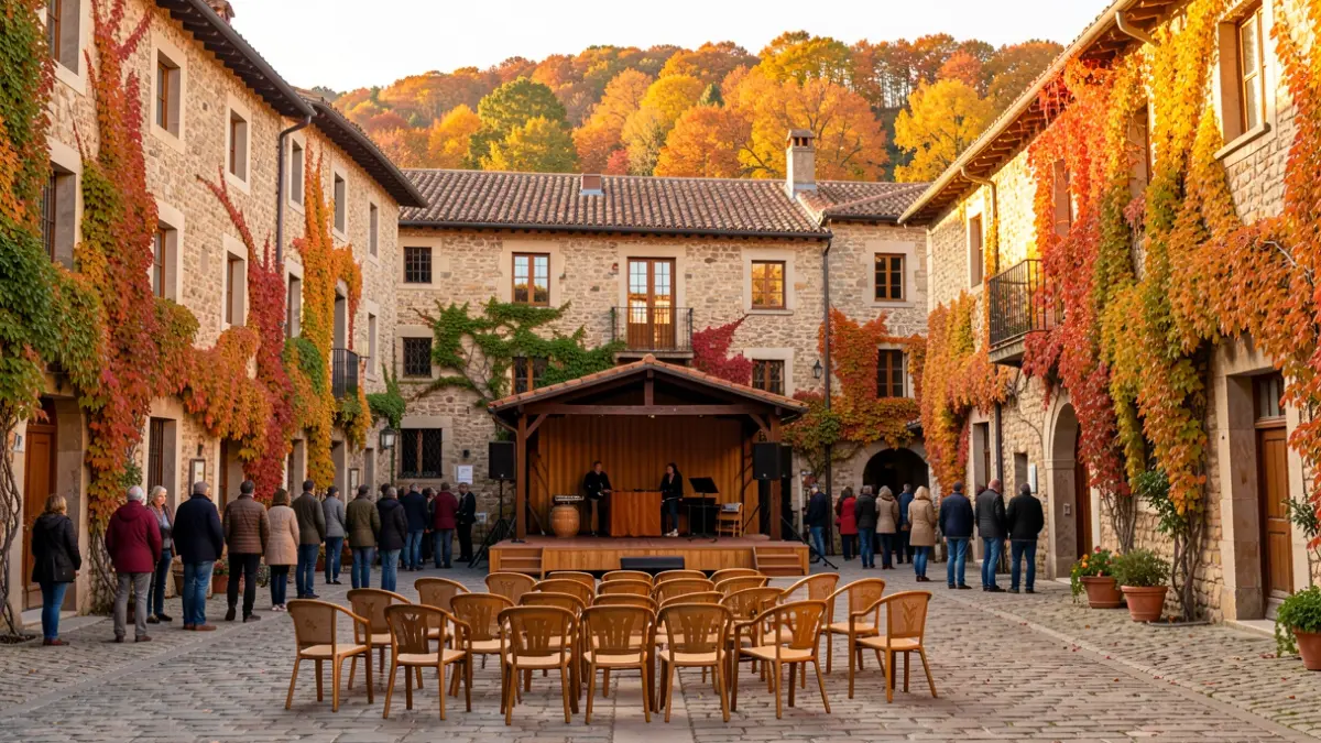 Plaza del pueblo de Tuixent durante la Festa del Roser, con elementos escénicos preparados.