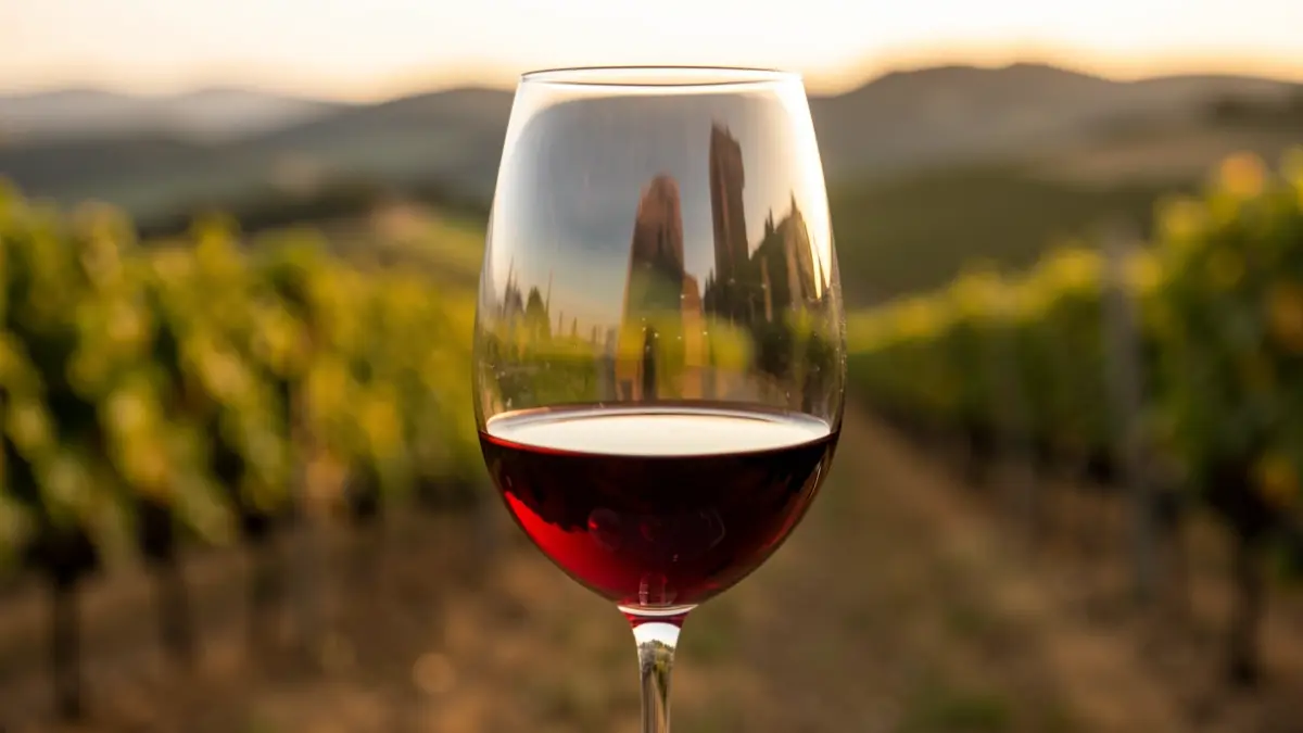 Copa de vi negre amb celler i vinyes al fons, sota la llum càlida del capvespre.
