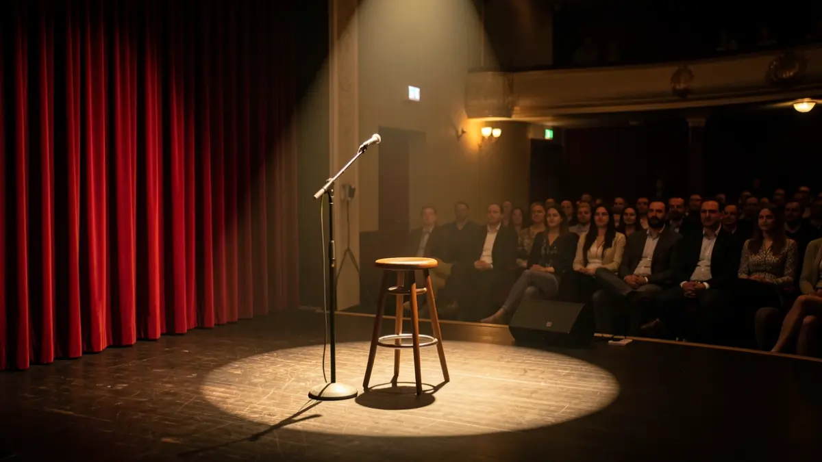 Generic image of a theatre stage with a spotlight on a microphone and a stool.