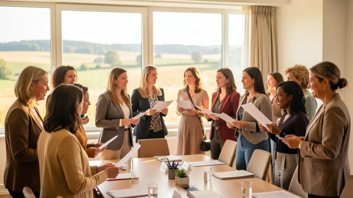 Generic image of women gathered in a conference room with a rural landscape in the background.