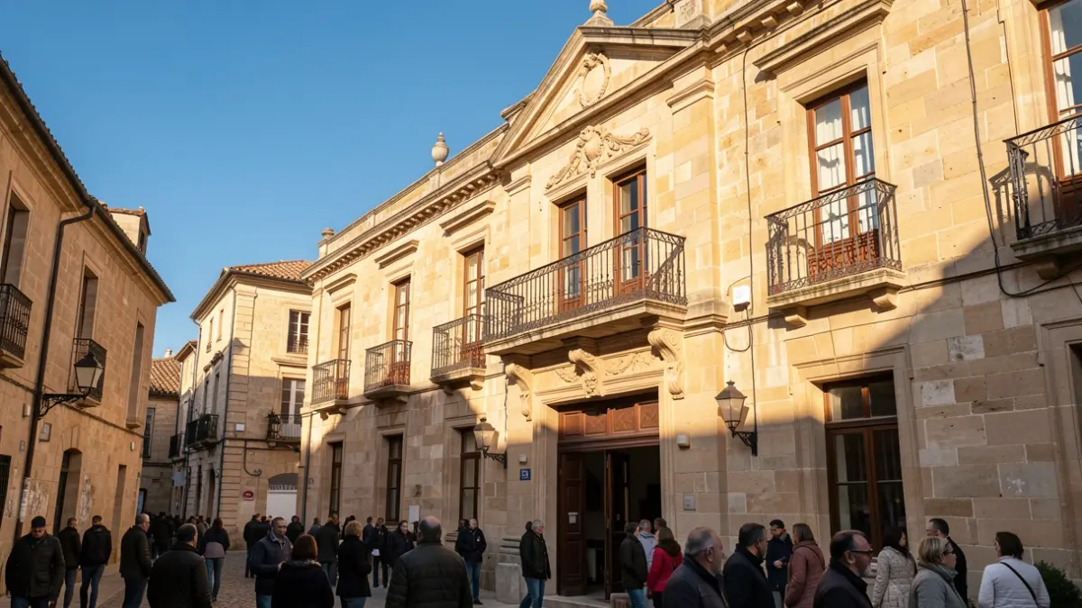 Generic image of a town hall building with a balcony and iron railings, lit by warm afternoon light.