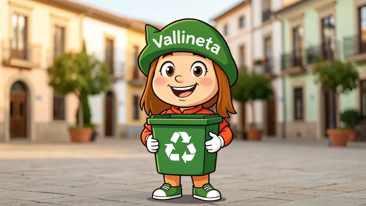 Mascota 'Vallineta' promovent el reciclatge davant l'Ajuntament de Vallirana.
