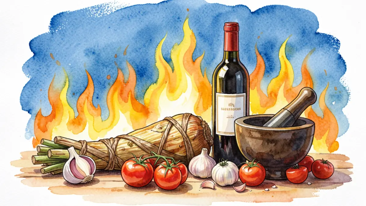 Imagen genérica de una celebración gastronómica con elementos típicos como calçots y vino.