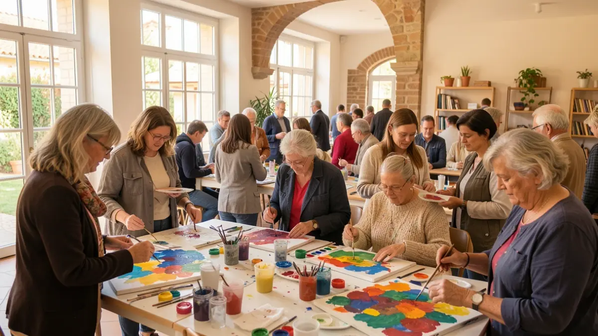 People participating in a painting workshop and community activities.