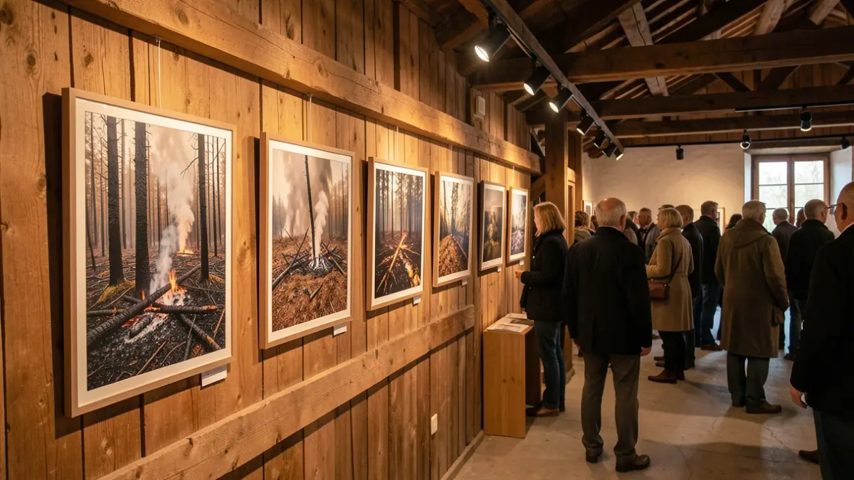 Imagen genérica de una exposición itinerante sobre un incendio forestal con fotografías de árboles quemados.
