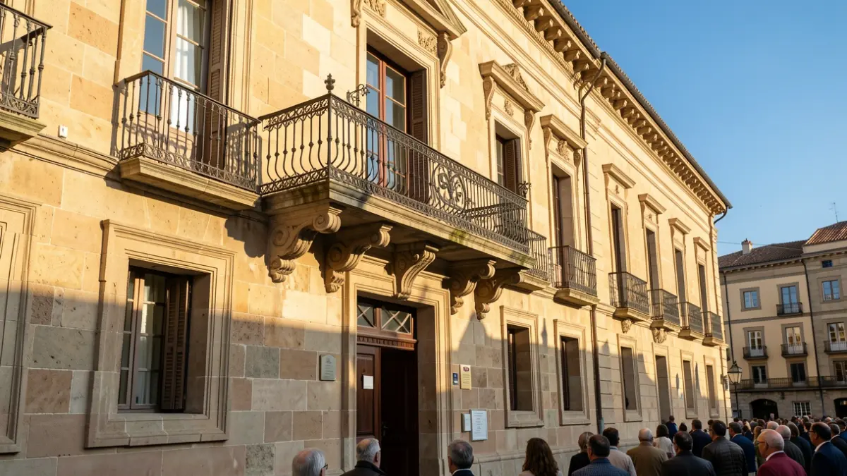 Fachada del Ayuntamiento de Viladecavalls con balcón y cielo azul.