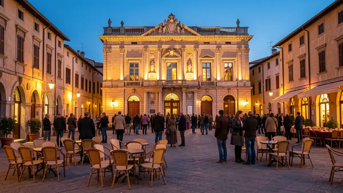 Imatge genèrica d'un edifici emblemàtic il·luminat al vespre, amb cadires buides a la plaça.