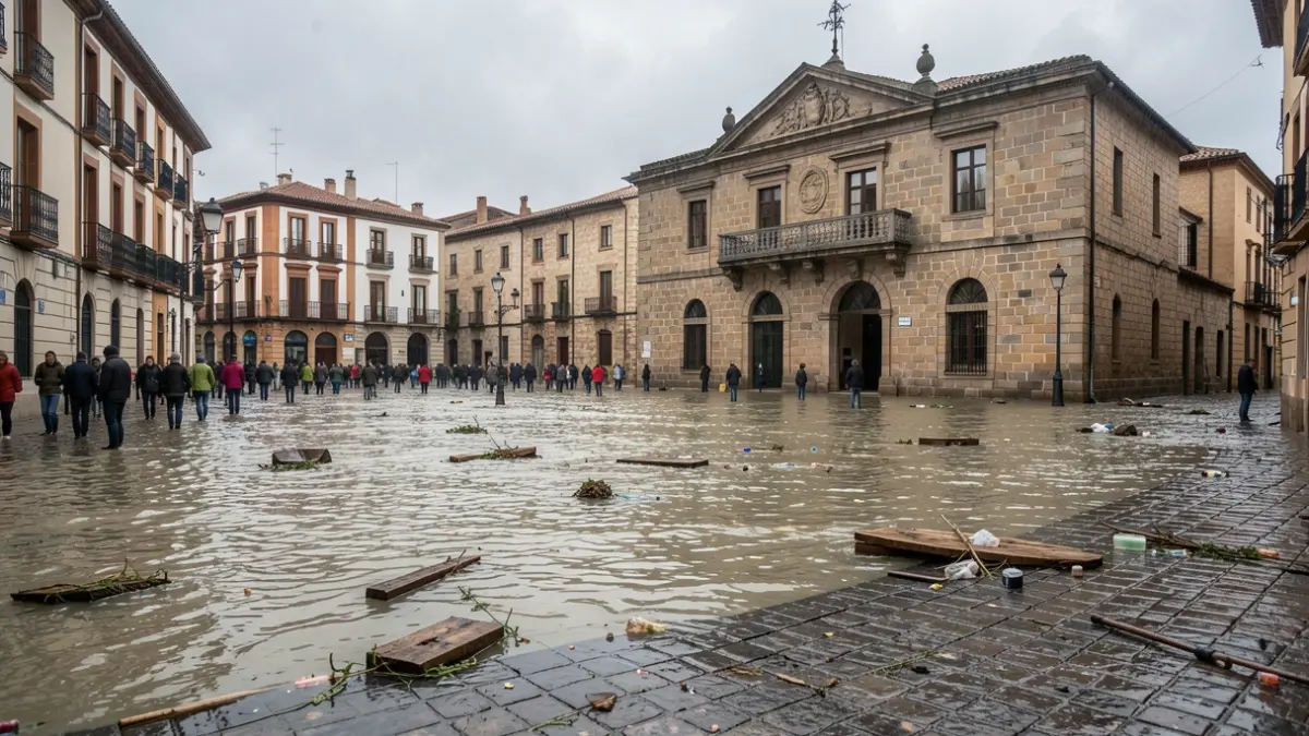 Generic image of a flooded town square in Catalunya, with water covering the ground and buildings in the background.