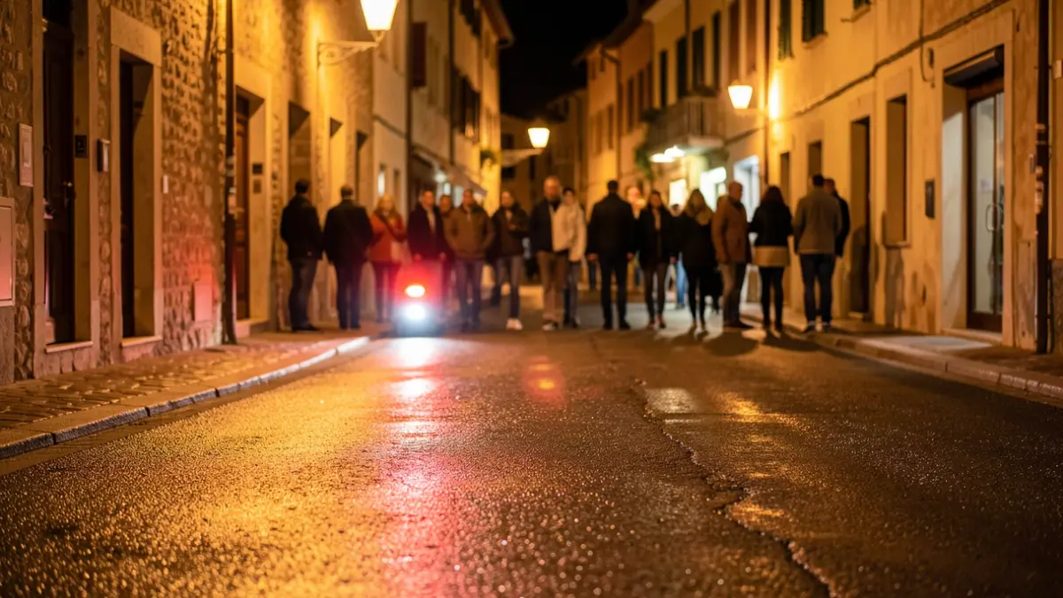 Imatge genèrica de llums d'emergència reflectint-se en asfalt mullat a la nit.