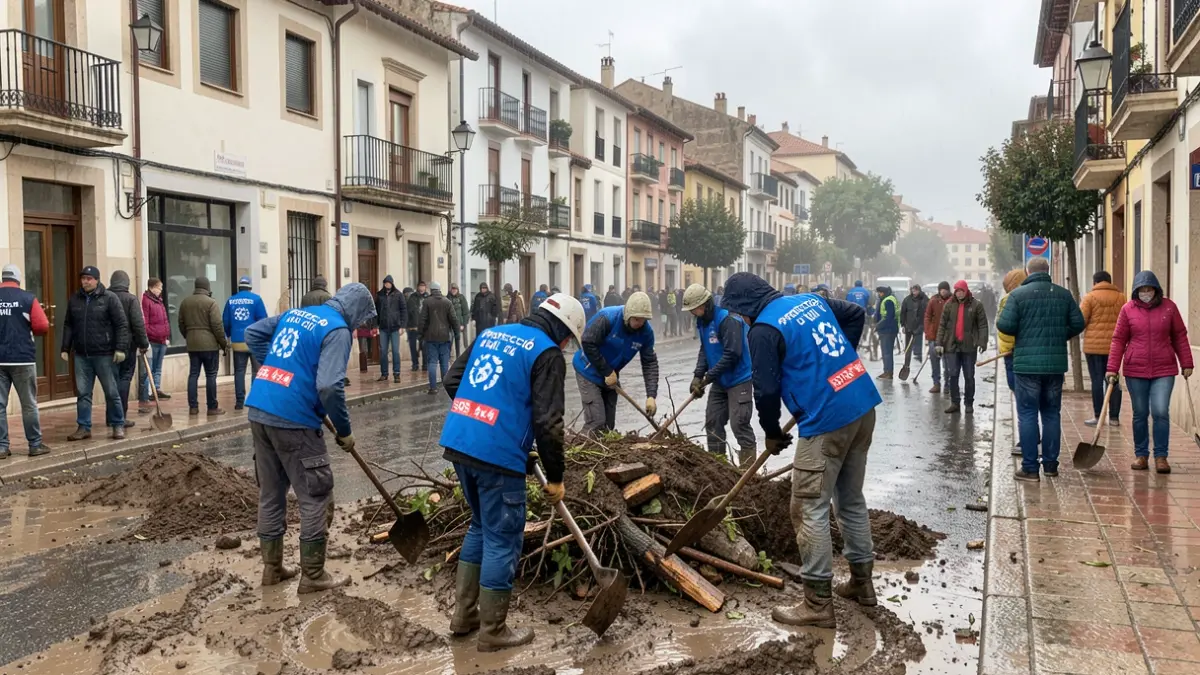 Voluntarios de Protección Civil y SOS 4x4 limpiando el barro de una calle en Vilanova del Vallès.