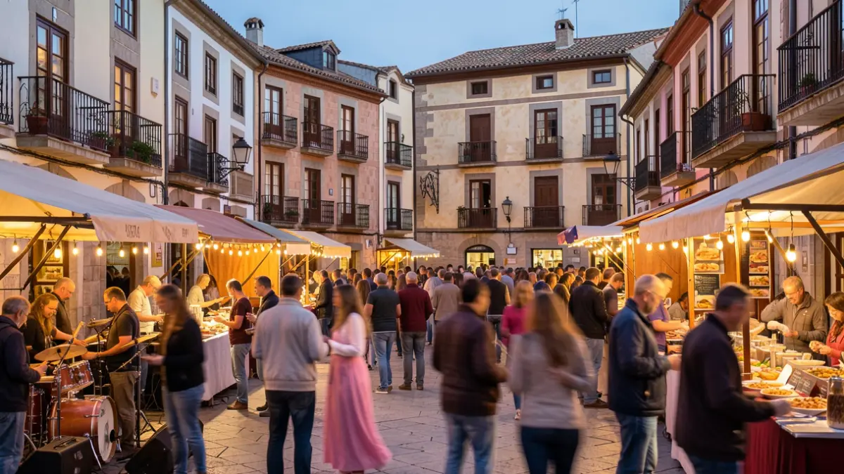 Imatge genèrica d'una plaça de poble mediterrani durant una festa popular, amb gent i llums.