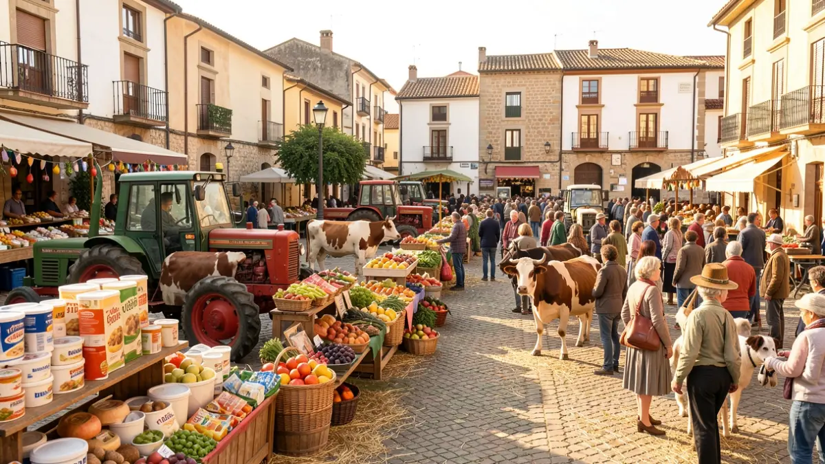 Generic image of an agricultural fair with local products and tractors.