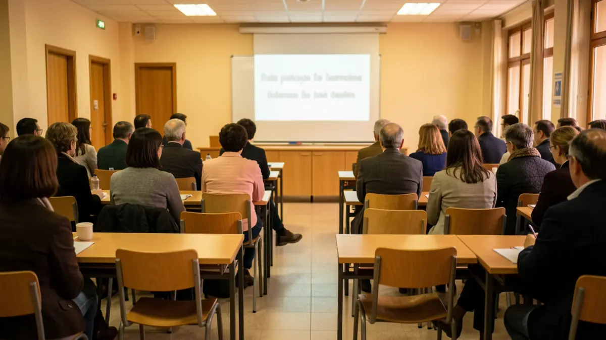 Aula d'un centre penitenciari català amb cadires buides i pissarra al fons.