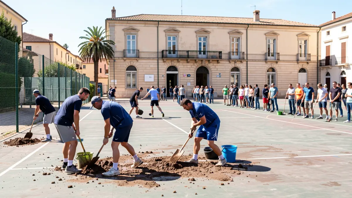 Imagen genérica de voluntarios limpiando instalaciones deportivas tras un temporal.