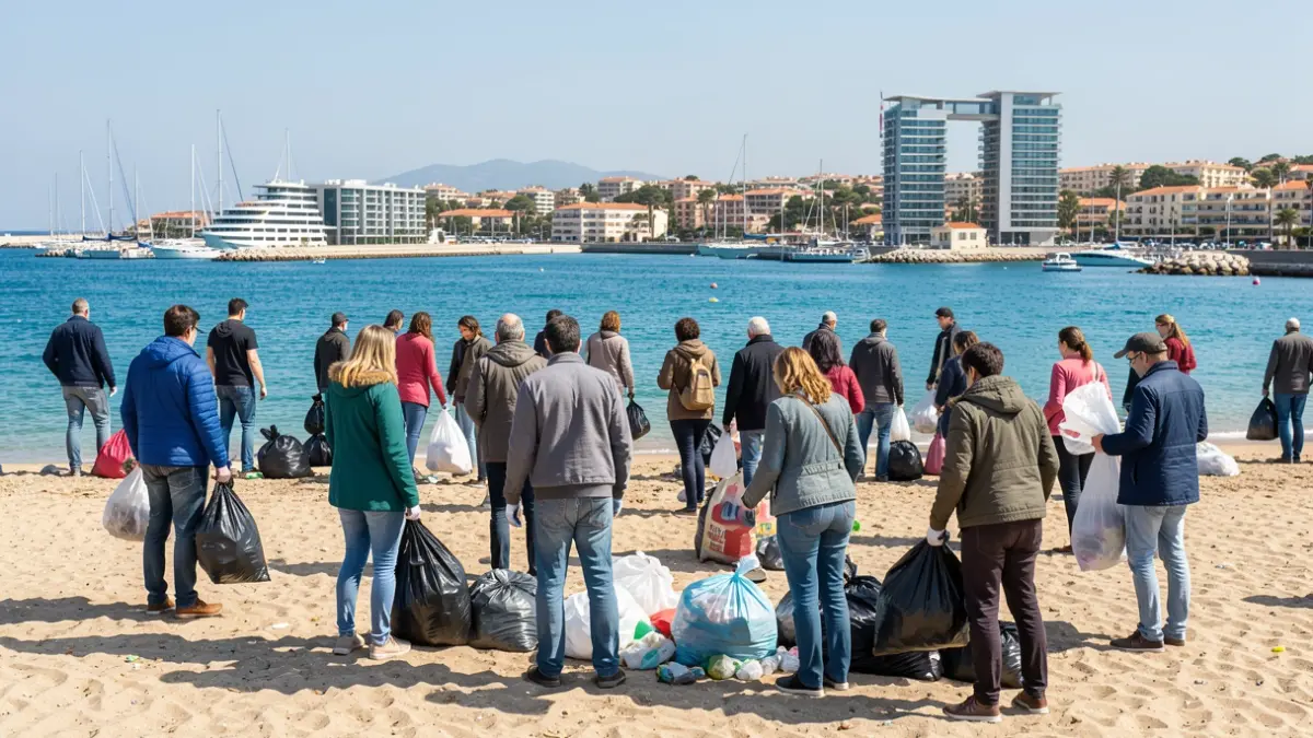 Imatge genèrica de voluntaris recollint residus a una platja prop d'un port esportiu.