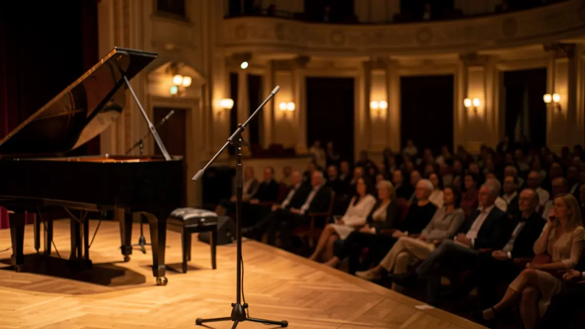 Escenari d'un espai cultural preparat per a un concert de jazz, amb micròfon i il·luminació càlida.
